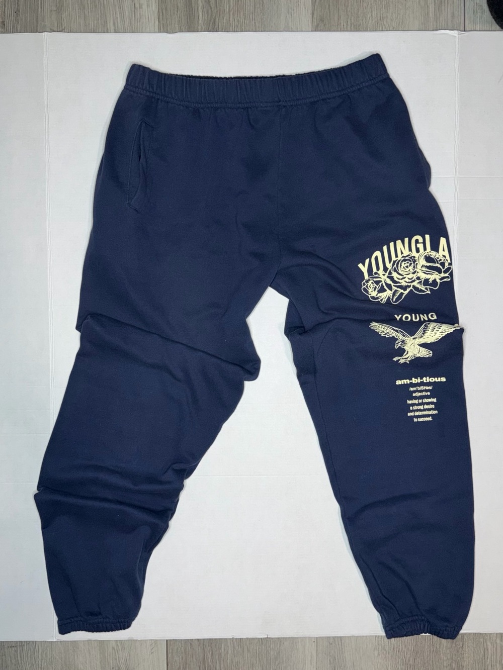 YoungLA Navy Joggers with Cream Graphic Logo